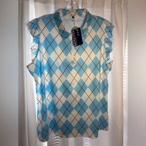 NWT SONEVEN Blue & White Checkerboard Athletic Polo Shirt Sz  XL